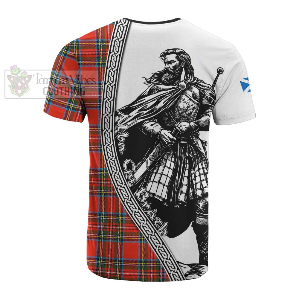 Stewart (Stuart) Tartan Clan Crest Cotton T-shirt with Highlander Warrior Celtic Style