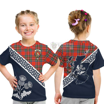 Tartan Vibes Clothing Stewart (Stuart) Tartan Kid T-Shirt Featuring Thistle and Scotland Map