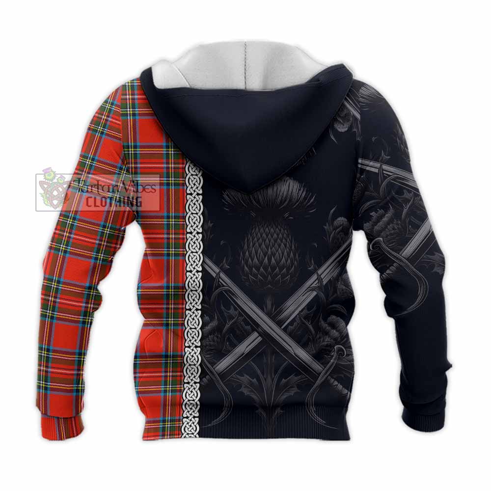Tartan Vibes Clothing Stewart (Stuart) Tartan Knitted Hoodie with Family Crest Cross Sword Thistle Celtic Vibes