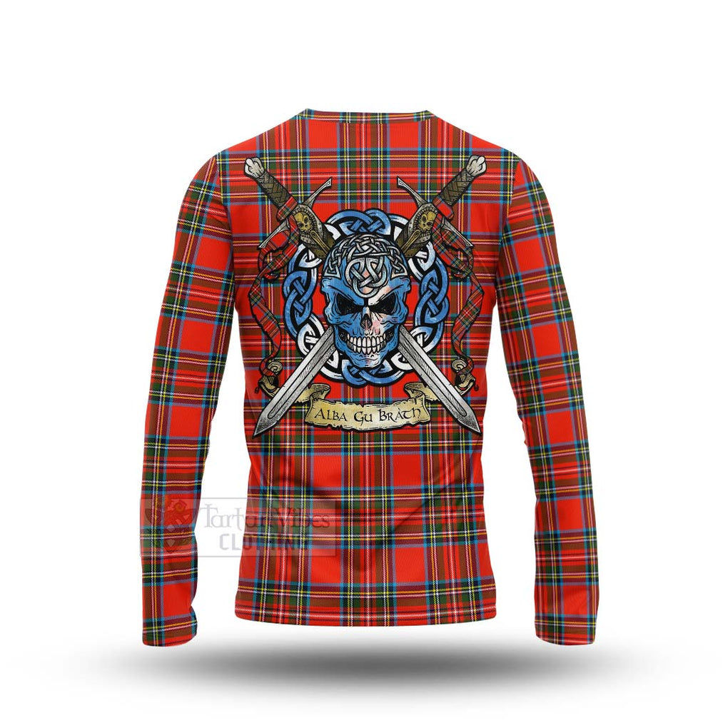 Tartan Vibes Clothing Stewart (Stuart) Tartan Long Sleeve T-Shirt with Family Crest Celtic Skull Style