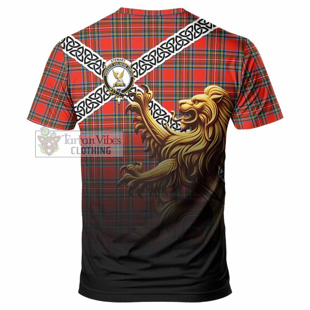 Tartan Vibes Clothing Stewart (Stuart) Crest Tartan T-Shirt with Golden Lion Emblem Celtic Style