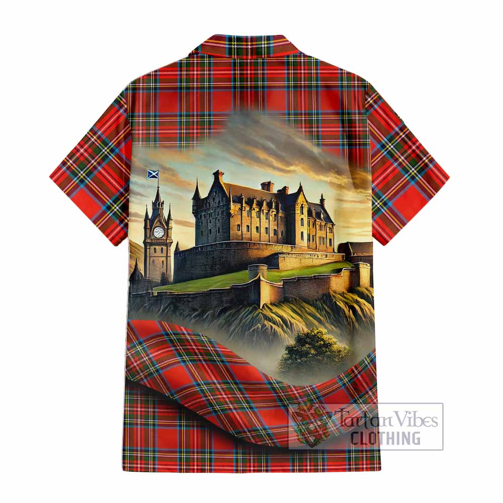 Tartan Vibes Clothing Stewart (Stuart) Tartan Family Crest Short Sleeve Button Shirt with Scottish Ancient Castle Style