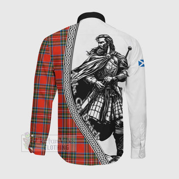 Stewart (Stuart) Tartan Clan Crest Long Sleeve Button Shirt with Highlander Warrior Celtic Style