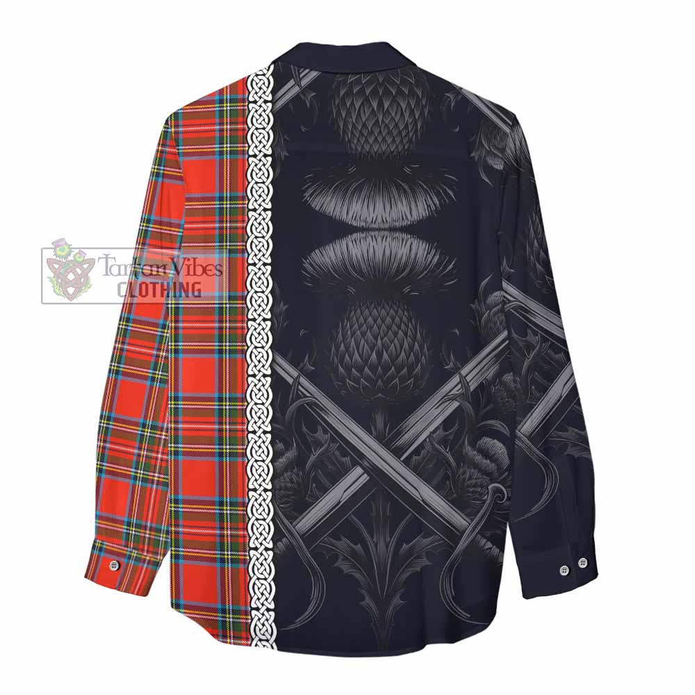 Tartan Vibes Clothing Stewart (Stuart) Tartan Women's Casual Shirt with Family Crest Cross Sword Thistle Celtic Vibes