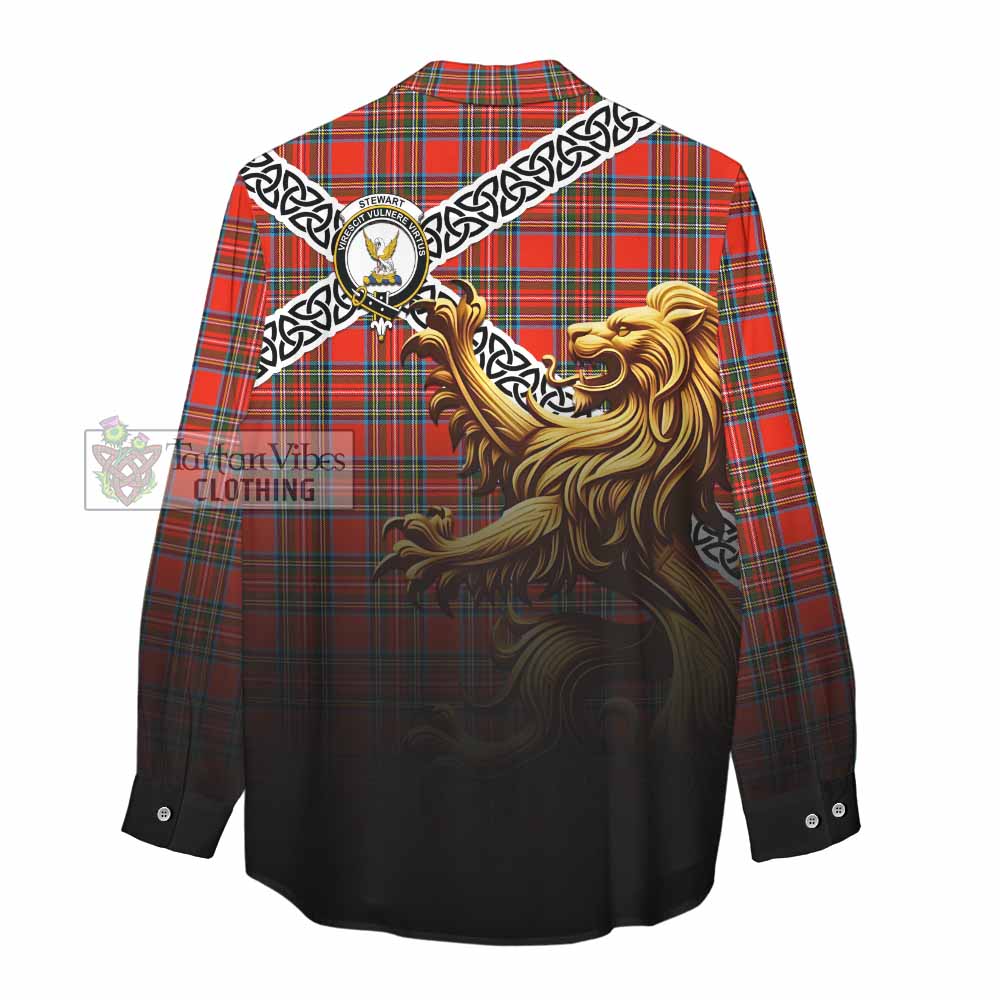 Tartan Vibes Clothing Stewart (Stuart) Crest Tartan Women's Casual Shirt with Golden Lion Emblem Celtic Style