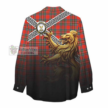 Tartan Vibes Clothing Stewart (Stuart) Crest Tartan Women's Casual Shirt with Golden Lion Emblem Celtic Style