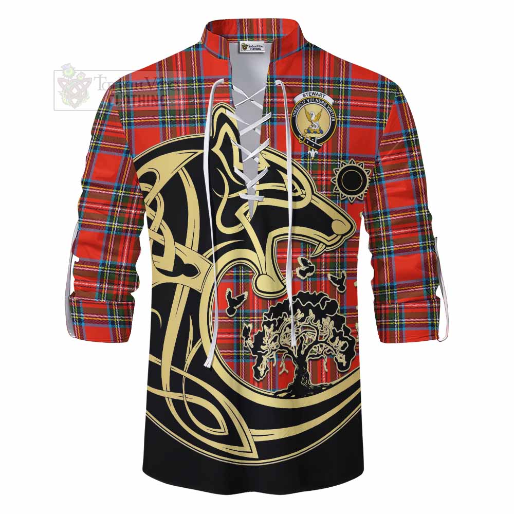 Tartan Vibes Clothing Stewart (Stuart) Tartan Ghillie Kilt Shirt with Family Crest Celtic Wolf Style