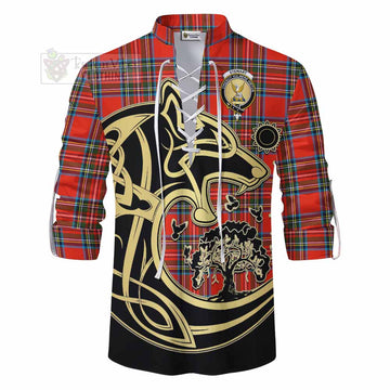 Tartan Vibes Clothing Stewart (Stuart) Tartan Ghillie Kilt Shirt with Family Crest Celtic Wolf Style