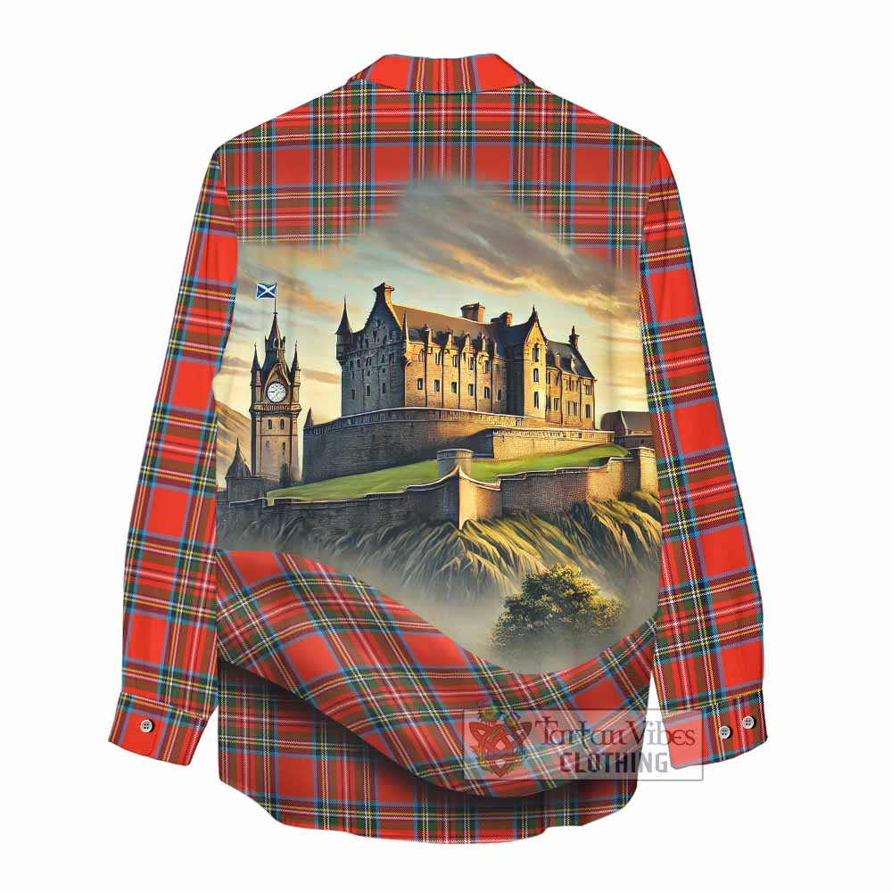 Tartan Vibes Clothing Stewart (Stuart) Tartan Family Crest Women's Casual Shirt with Scottish Ancient Castle Style