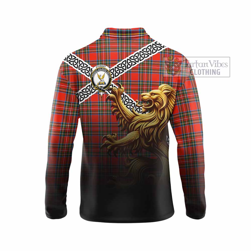 Tartan Vibes Clothing Stewart (Stuart) Crest Tartan Long Sleeve Polo Shirt with Golden Lion Emblem Celtic Style