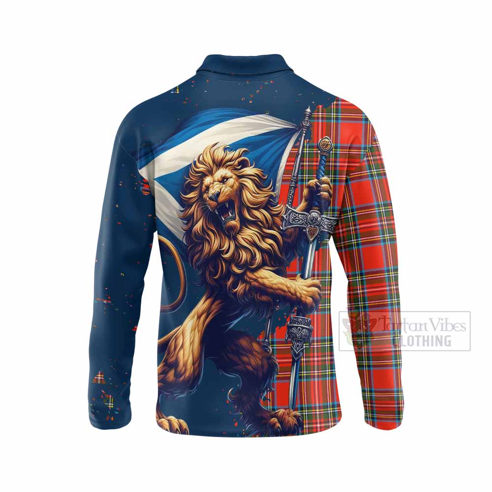 Tartan Vibes Clothing Stewart (Stuart) Tartan Family Crest Long Sleeve Polo Shirt with Scottish Majestic Lion