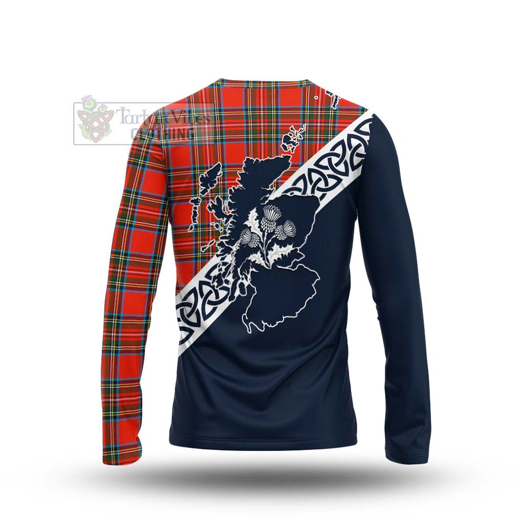 Tartan Vibes Clothing Stewart (Stuart) Tartan Long Sleeve T-Shirt Featuring Thistle and Scotland Map