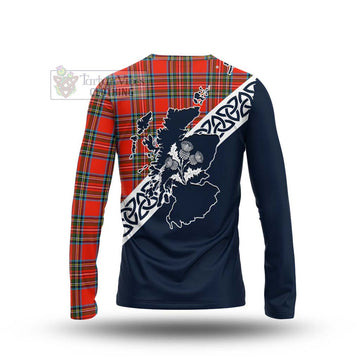 Tartan Vibes Clothing Stewart (Stuart) Tartan Long Sleeve T-Shirt Featuring Thistle and Scotland Map