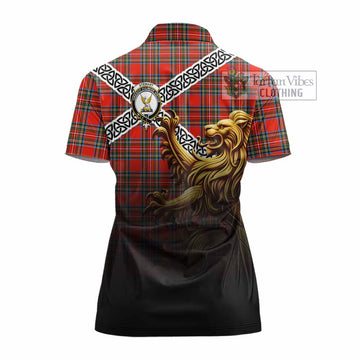 Tartan Vibes Clothing Stewart (Stuart) Crest Tartan Women's Polo Shirt with Golden Lion Emblem Celtic Style