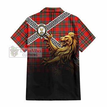 Tartan Vibes Clothing Stewart (Stuart) Crest Tartan Short Sleeve Button Shirt with Golden Lion Emblem Celtic Style