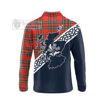 Tartan Vibes Clothing Stewart (Stuart) Tartan Long Sleeve Polo Shirt Featuring Thistle and Scotland Map
