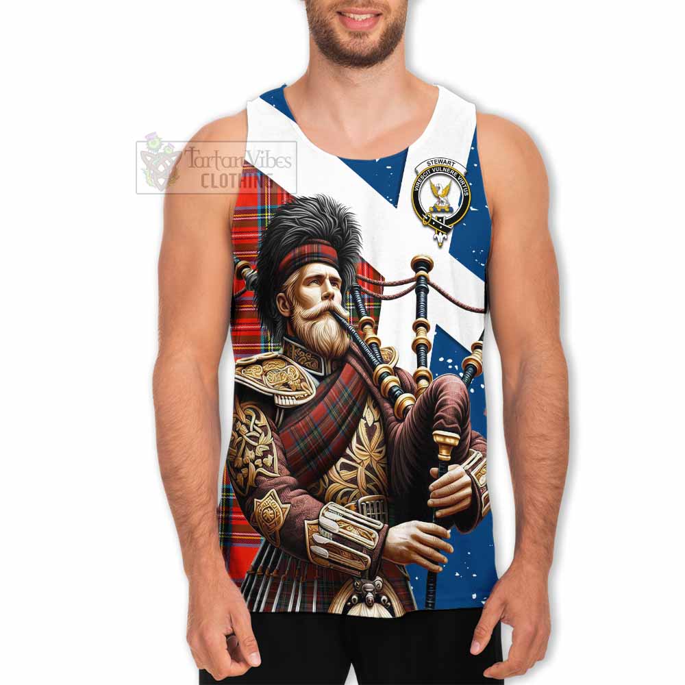 Stewart (Stuart) Tartan Men's Tank Top with Family Crest Scottish Bagpiper Vibes