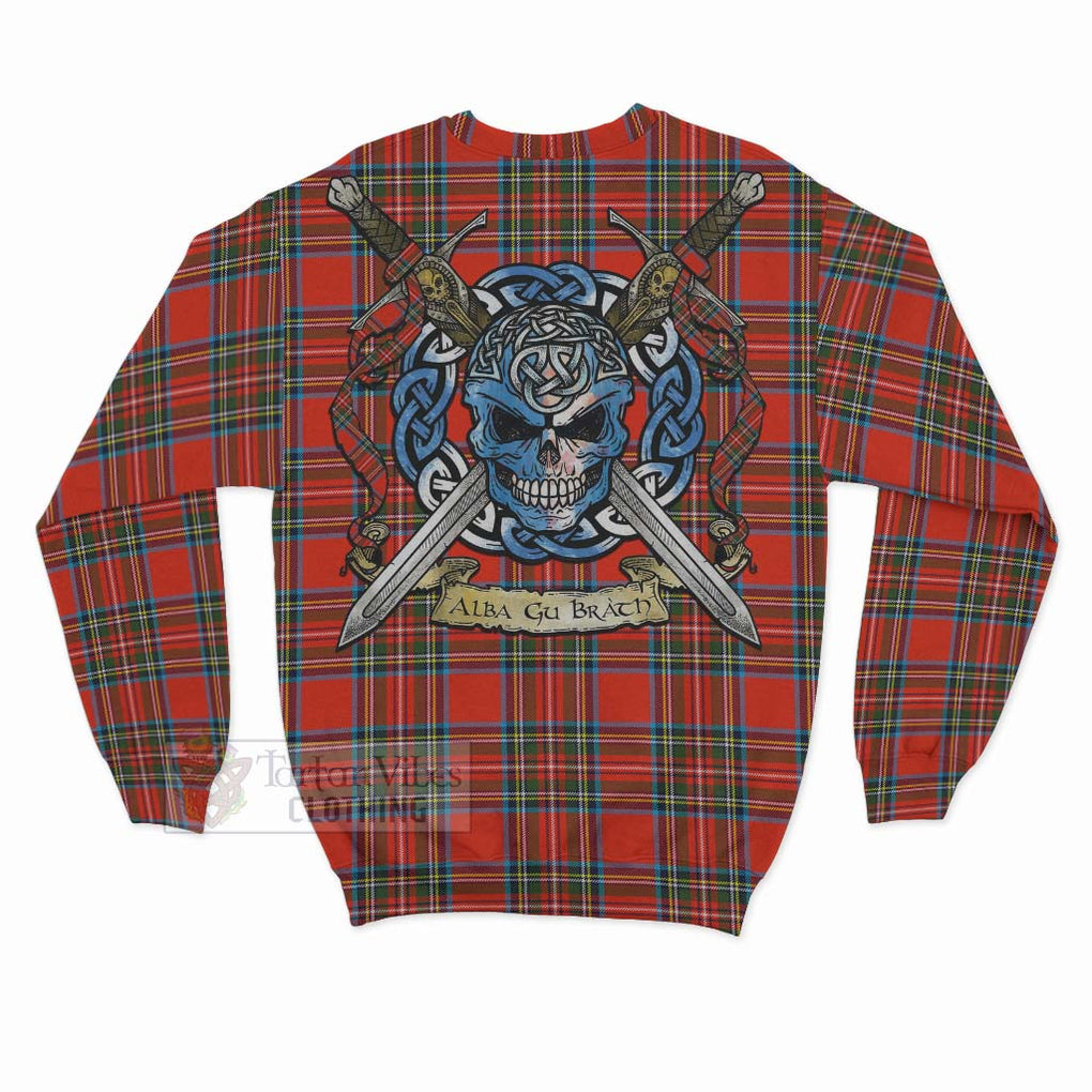 Tartan Vibes Clothing Stewart (Stuart) Tartan Sweatshirt with Family Crest Celtic Skull Style