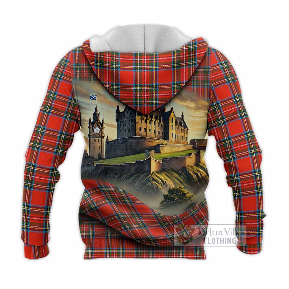 Tartan Vibes Clothing Stewart (Stuart) Tartan Family Crest Knitted Hoodie with Scottish Ancient Castle Style