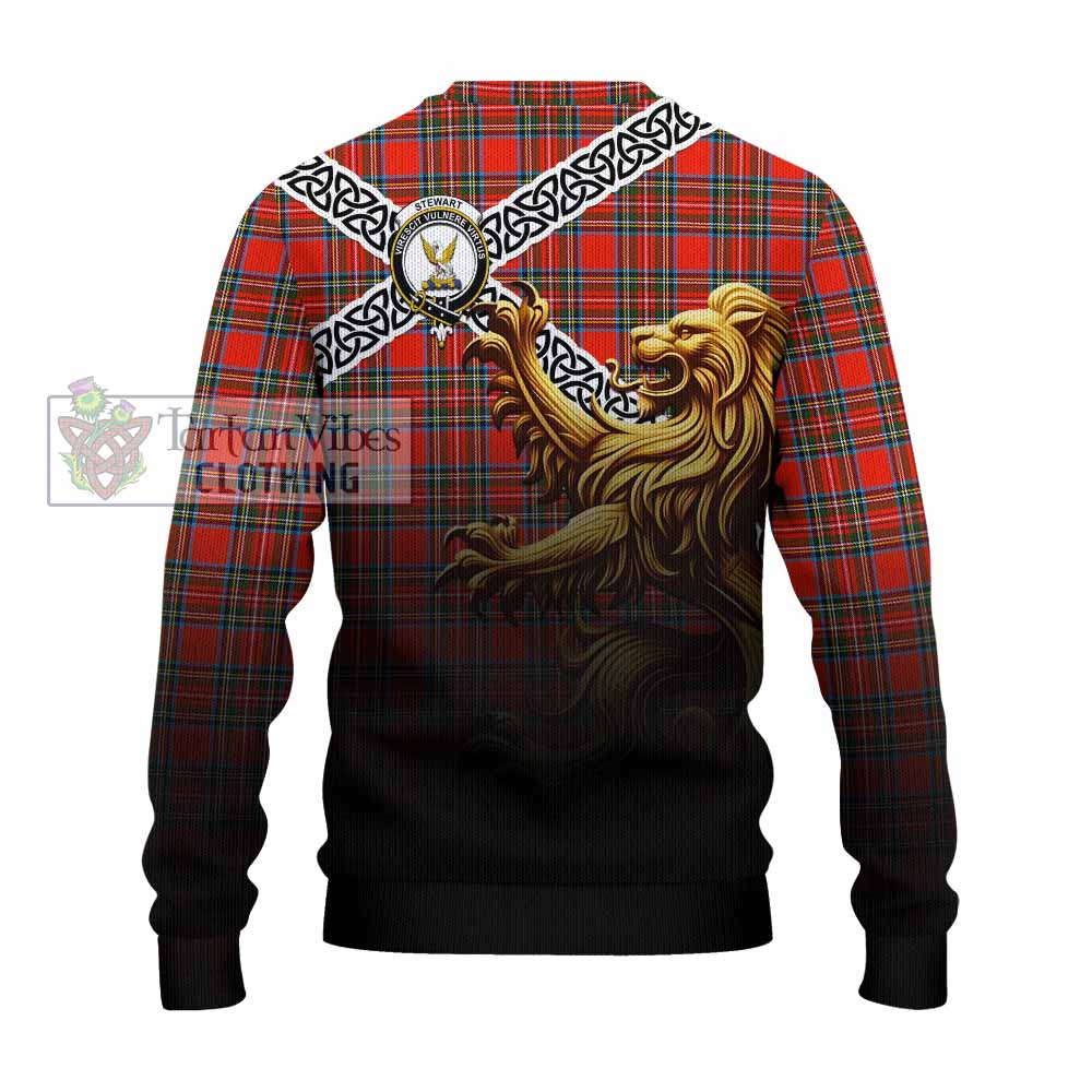 Tartan Vibes Clothing Stewart (Stuart) Crest Tartan Knitted Sweater with Golden Lion Emblem Celtic Style