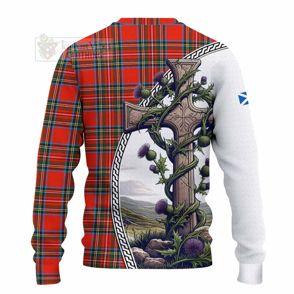 Tartan Vibes Clothing Stewart (Stuart) Tartan Knitted Sweater with Family Crest and St. Andrew's Cross Accented by Thistle Vines