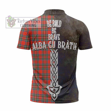 Stewart (Stuart) Tartan Family Crest Zipper Polo Shirt Alba Gu Brath Be Brave Lion Ancient Style