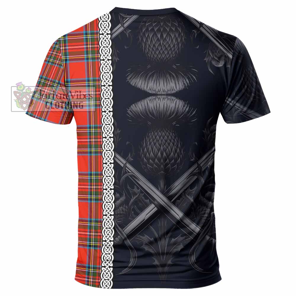 Tartan Vibes Clothing Stewart (Stuart) Tartan T-Shirt with Family Crest Cross Sword Thistle Celtic Vibes