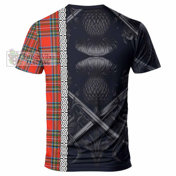 Tartan Vibes Clothing Stewart (Stuart) Tartan T-Shirt with Family Crest Cross Sword Thistle Celtic Vibes