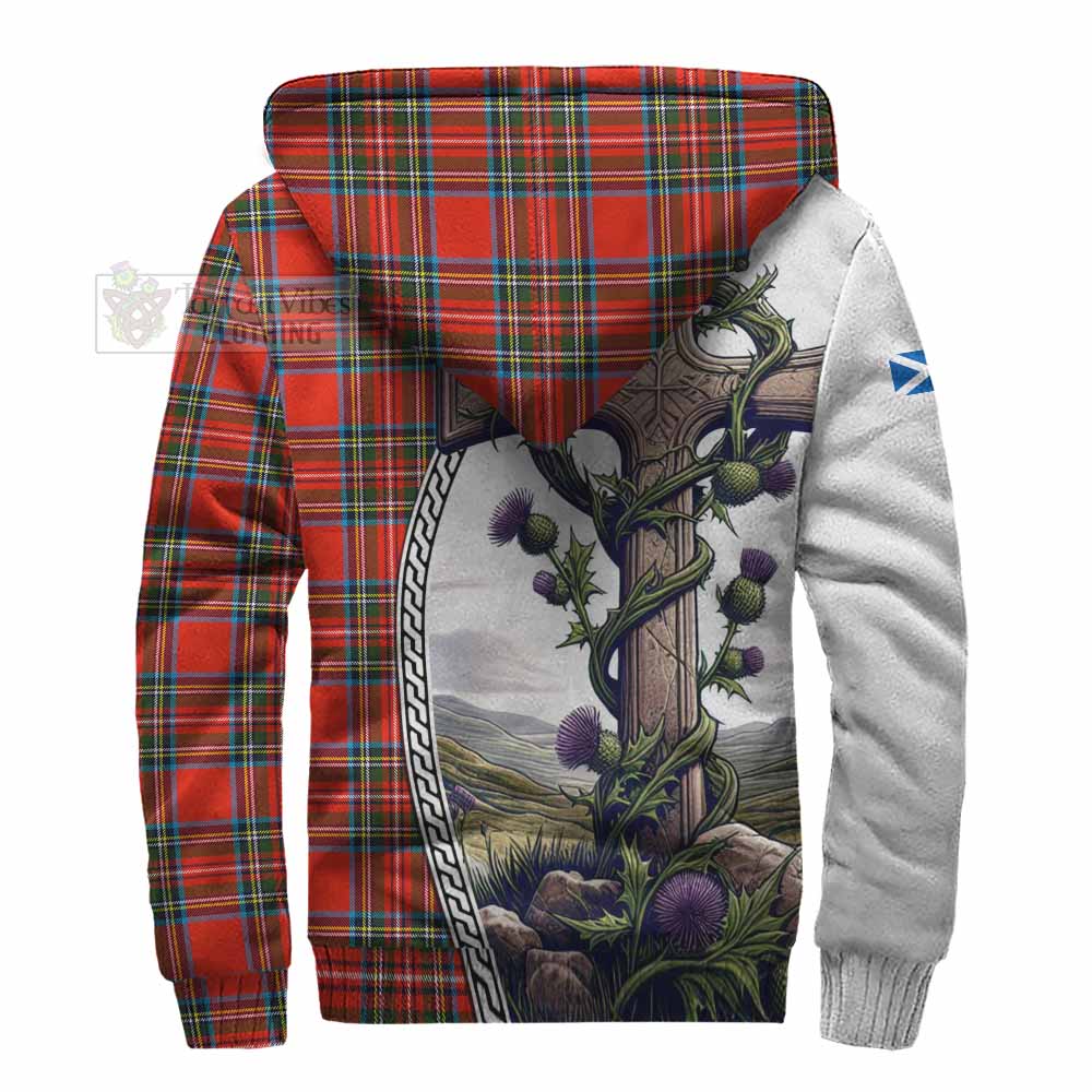 Tartan Vibes Clothing Stewart (Stuart) Tartan Sherpa Hoodie with Family Crest and St. Andrew's Cross Accented by Thistle Vines