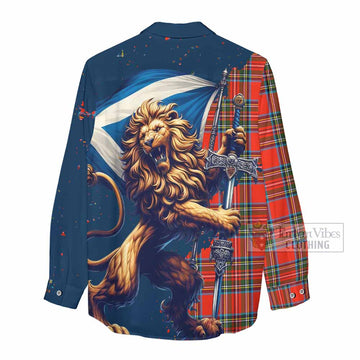 Tartan Vibes Clothing Stewart (Stuart) Tartan Family Crest Women's Casual Shirt with Scottish Majestic Lion