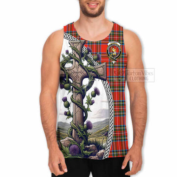 Stewart (Stuart) Tartan Men's Tank Top with Family Crest and St. Andrew's Cross Accented by Thistle Vines