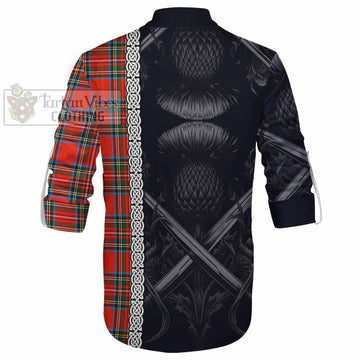 Stewart (Stuart) Tartan Ghillie Kilt Shirt with Family Crest Cross Sword Thistle Celtic Vibes