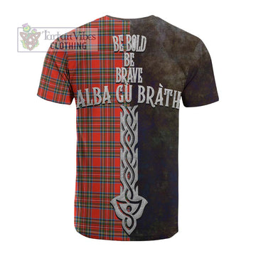 Stewart (Stuart) Tartan Family Crest Cotton T-shirt Alba Gu Brath Be Brave Lion Ancient Style