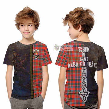Stewart (Stuart) Tartan Family Crest Kid T-Shirt Alba Gu Brath Be Brave Lion Ancient Style