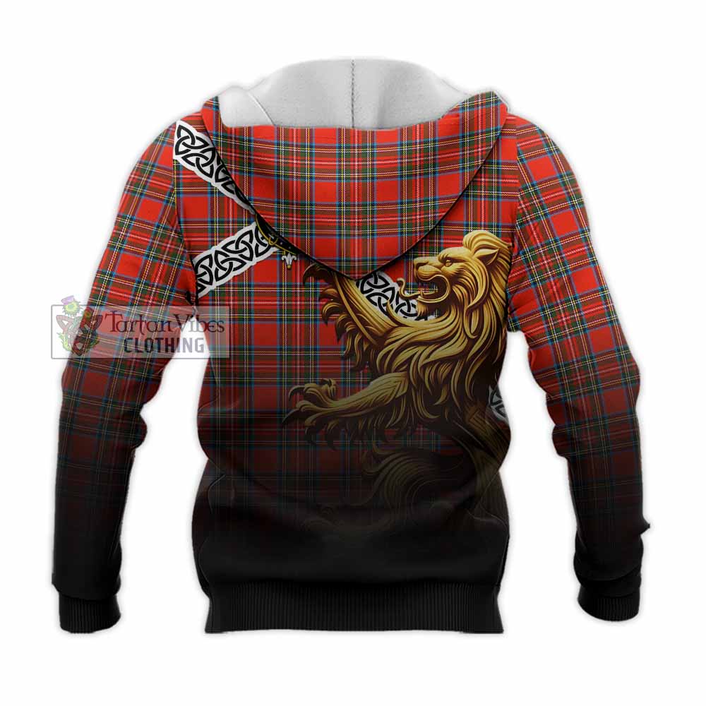 Tartan Vibes Clothing Stewart (Stuart) Crest Tartan Knitted Hoodie with Golden Lion Emblem Celtic Style