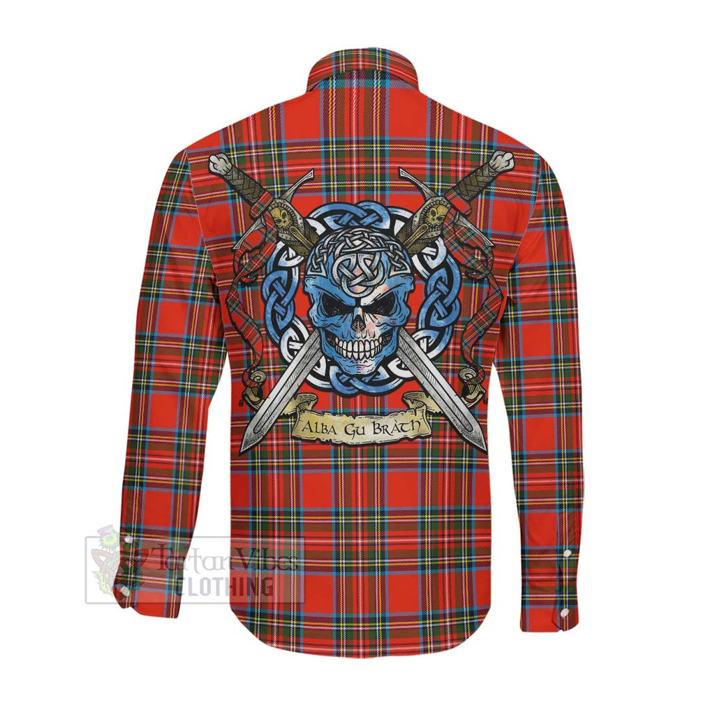 Stewart (Stuart) Tartan Long Sleeve Button Shirt with Family Crest Celtic Skull Style Men's Shirt - Tartan Vibes Clothing