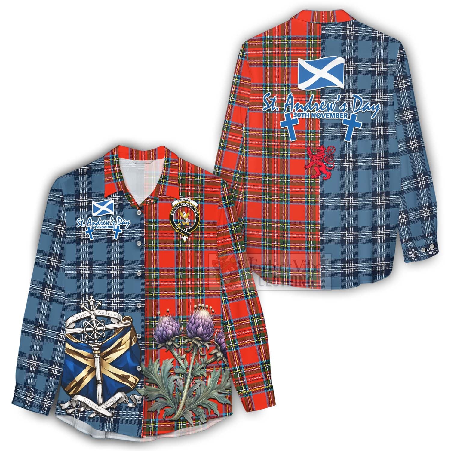 Tartan Vibes Clothing Stewart (Stuart) Tartan Women's Casual Shirt Happy St. Andrew's Day Half Tartan Style