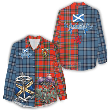 Tartan Vibes Clothing Stewart (Stuart) Tartan Women's Casual Shirt Happy St. Andrew's Day Half Tartan Style