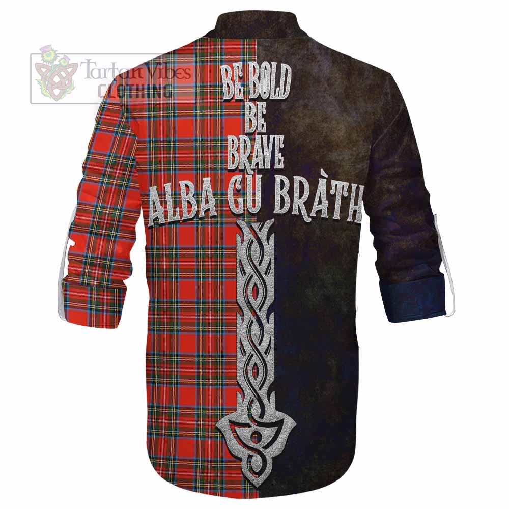 Tartan Vibes Clothing Stewart (Stuart) Tartan Family Crest Ghillie Kilt Shirt Alba Gu Brath Be Brave Lion Ancient Style