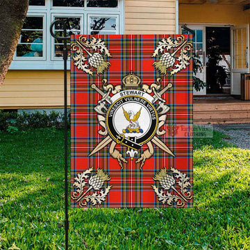 Stewart (Stuart) Tartan Garden Flag with Family Crest and Golden Thistle Crossed Sword Design