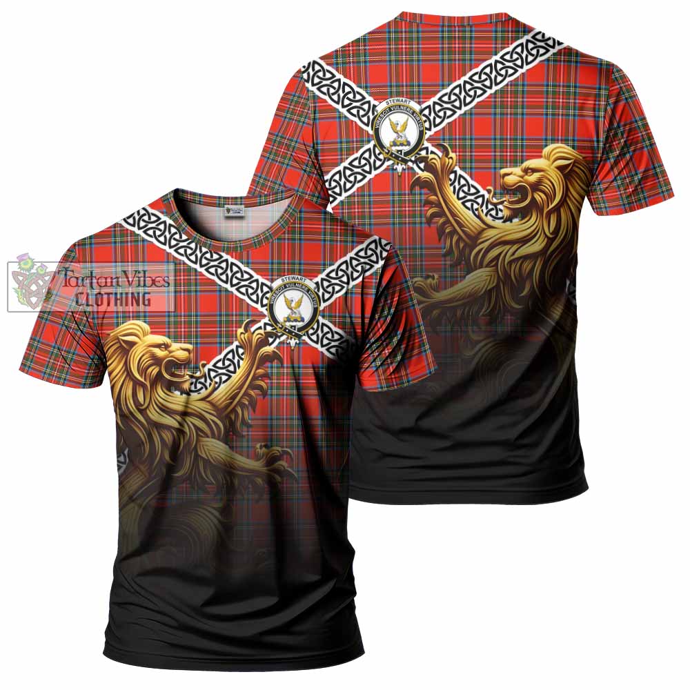 Tartan Vibes Clothing Stewart (Stuart) Crest Tartan T-Shirt with Golden Lion Emblem Celtic Style