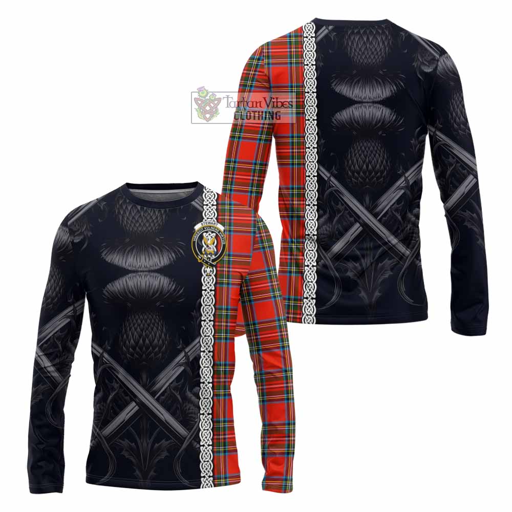Tartan Vibes Clothing Stewart (Stuart) Tartan Long Sleeve T-Shirt with Family Crest Cross Sword Thistle Celtic Vibes