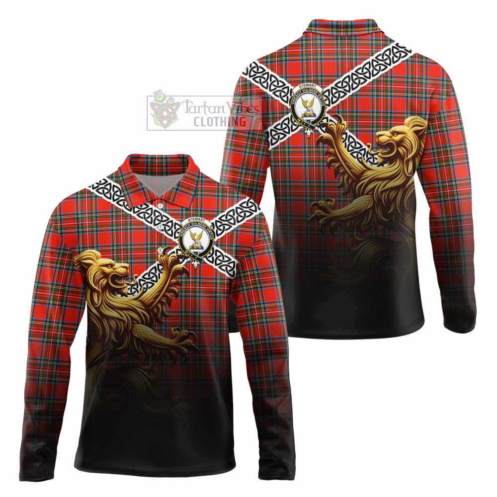 Tartan Vibes Clothing Stewart (Stuart) Crest Tartan Long Sleeve Polo Shirt with Golden Lion Emblem Celtic Style