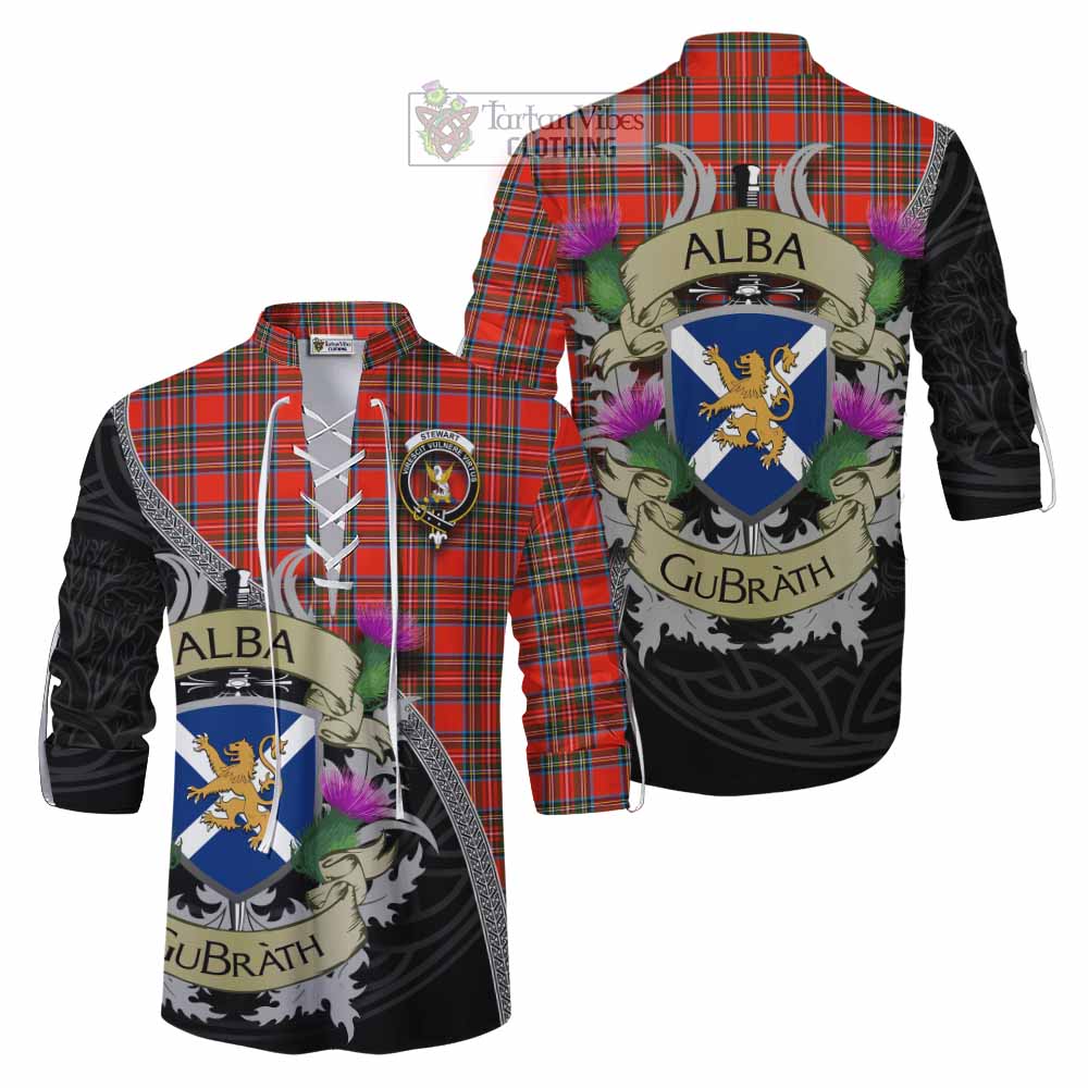 Tartan Vibes Clothing Stewart (Stuart) Tartan Family Crest Ghillie Kilt Shirt Lion Rampant Royal Thistle Shield Celtic Inspired