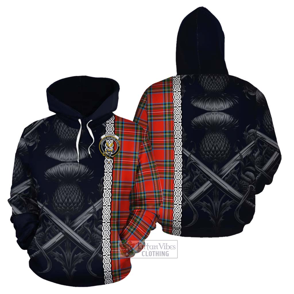 Tartan Vibes Clothing Stewart (Stuart) Tartan Cotton Hoodie with Family Crest Cross Sword Thistle Celtic Vibes
