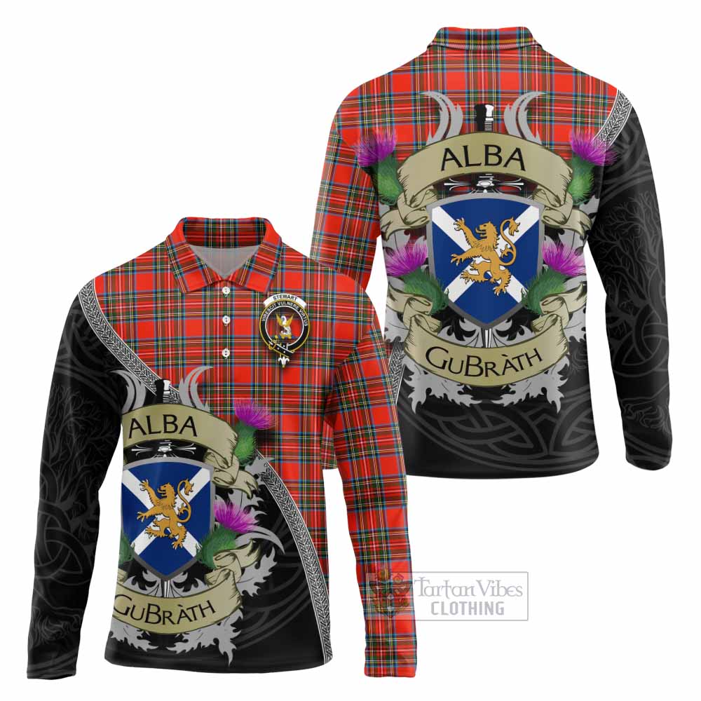 Tartan Vibes Clothing Stewart (Stuart) Tartan Family Crest Long Sleeve Polo Shirt Lion Rampant Royal Thistle Shield Celtic Inspired