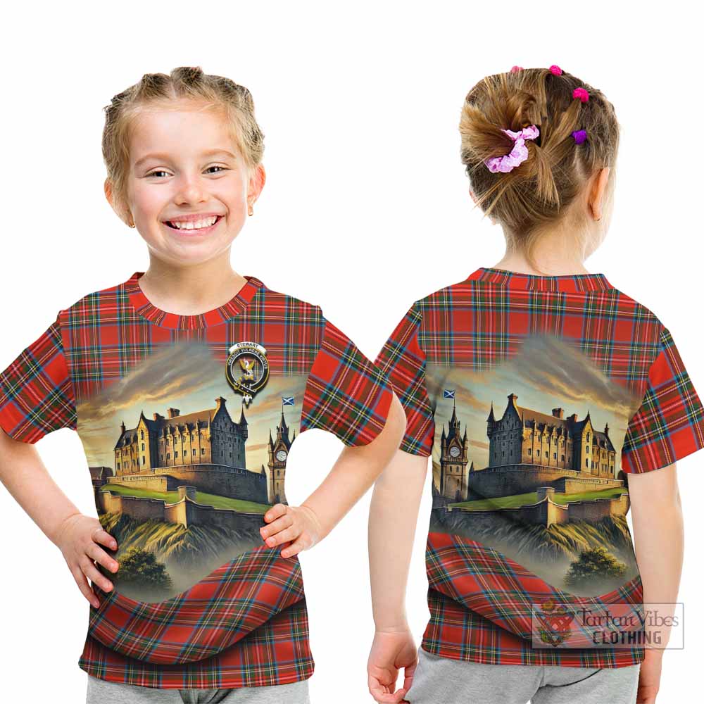 Tartan Vibes Clothing Stewart (Stuart) Tartan Family Crest Kid T-Shirt with Scottish Ancient Castle Style