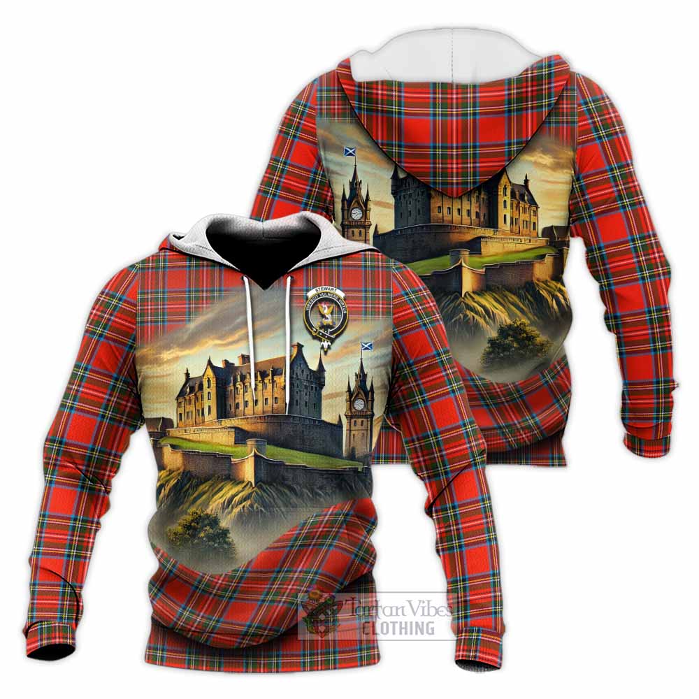 Tartan Vibes Clothing Stewart (Stuart) Tartan Family Crest Knitted Hoodie with Scottish Ancient Castle Style