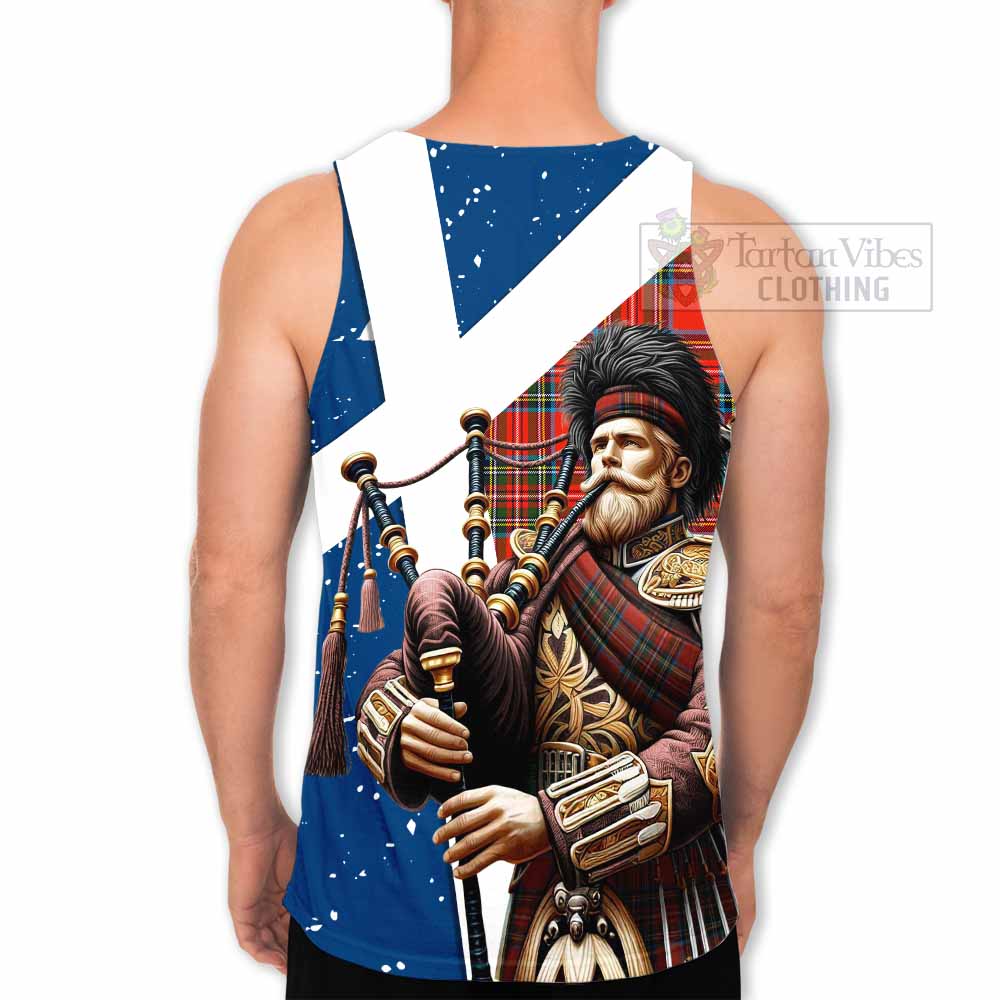 Stewart (Stuart) Tartan Men's Tank Top with Family Crest Scottish Bagpiper Vibes