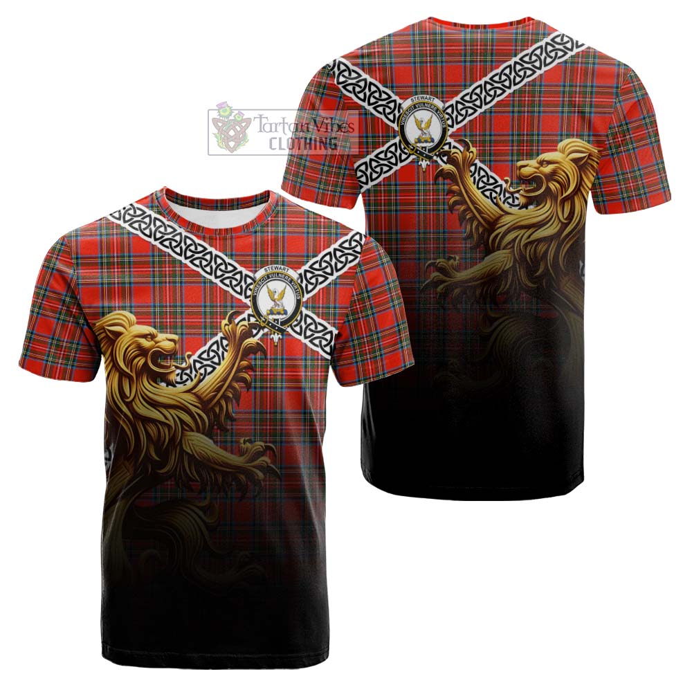 Tartan Vibes Clothing Stewart (Stuart) Crest Tartan Cotton T-shirt with Golden Lion Emblem Celtic Style
